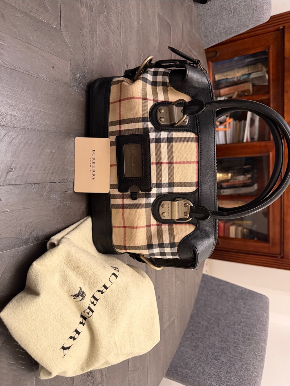 Burberry Beige Classic Check with Black Leather Top-Handle Satchel